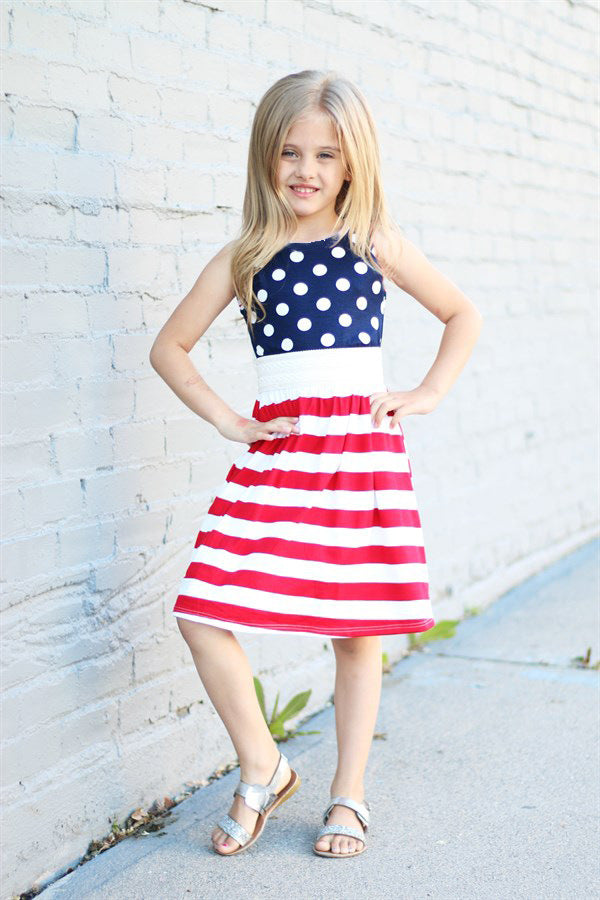USA Patriotic Flag Sleeveless Vest Striped Polka Dot Dress