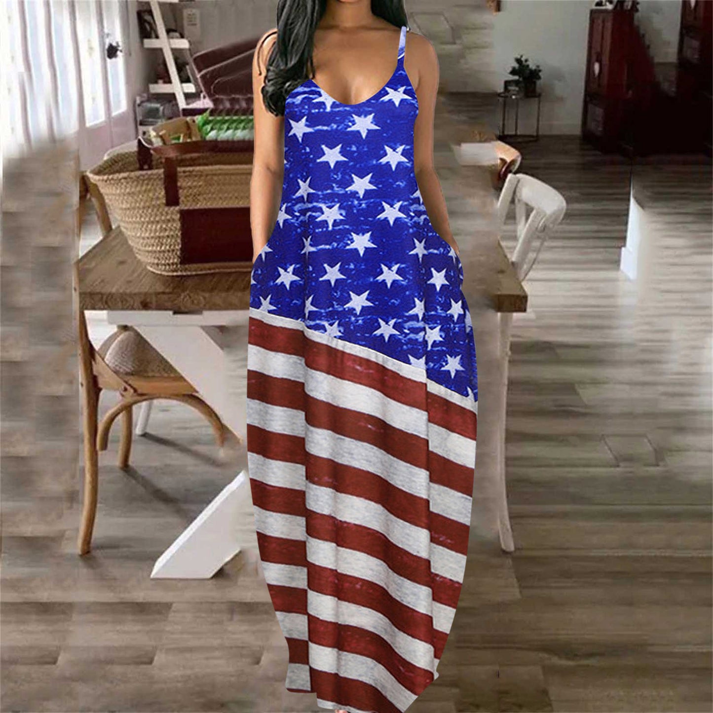 Women's USA Deep V Sling Print Maxi Dress