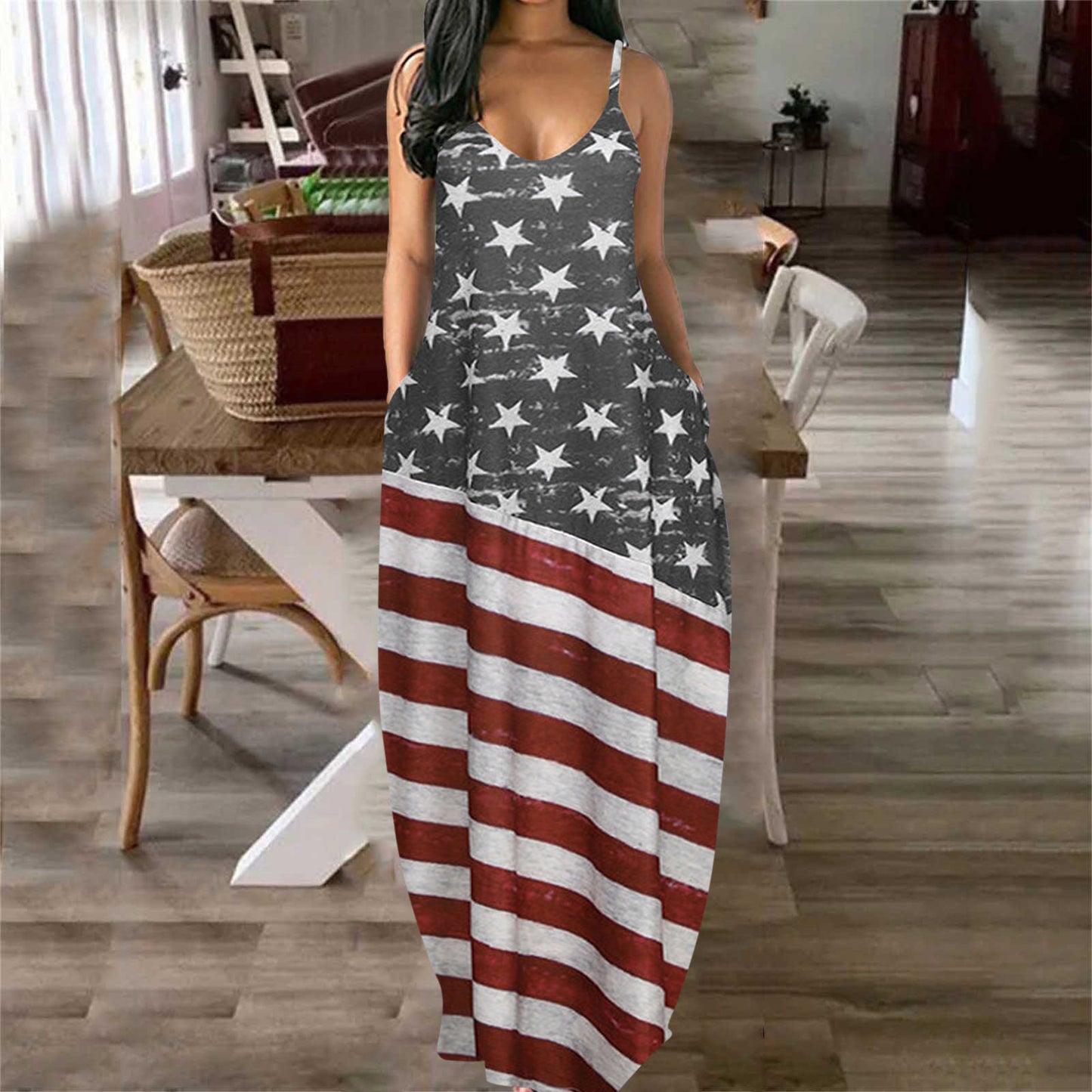 Women's USA Deep V Sling Print Maxi Dress