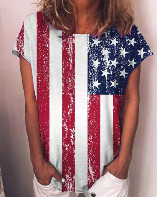 USA Patriotic Stars And Stripes Casual V-Neck T-Shirt Short Sleeve
