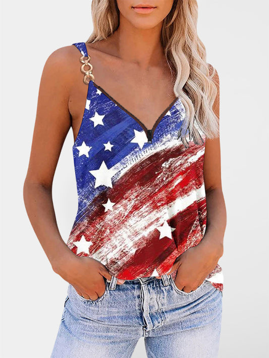 Women's Sleeveless American Flag V-neck Patriotic July 4th Tank Top